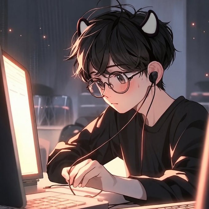 An anime-style illustration of a young man with dark hair, glasses, and cat ears, wearing a black shirt and earphones while intently working on a computer in a dimly lit setting.