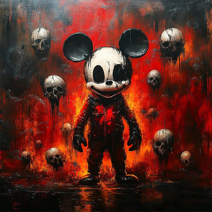 A dark, horror-themed painting features a Mickey Mouse-like figure standing against a fiery red background with dripping paint, surrounded by multiple human skulls.