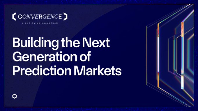 A promotional banner for 'CONVERGENCE A CHAINLINK HACKATHON' with the tagline 'Building the Next Generation of Prediction Markets' displayed on a dark blue background with geometric designs.