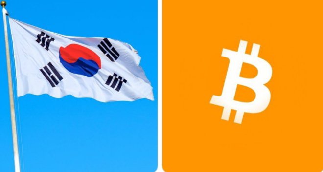 The image shows the South Korean flag (Taegeukgi) on the left against a blue sky, alongside the orange Bitcoin logo on the right. This visual pairs South Korea's national identity with cryptocurrency's most recognizable symbol, illustrating the post's message about South Korea's plan to tokenize traditional securities like stocks, bonds, and funds onto blockchain starting in 2027.