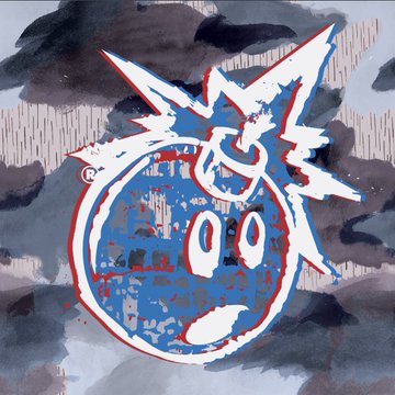 A stylized illustration of a blue bomb character with spikes and a face, resembling the Sonic the Hedgehog character, set against a cloudy gray background.