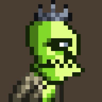 A pixel art green zombie-like character wearing a small blue crown against a brown background.