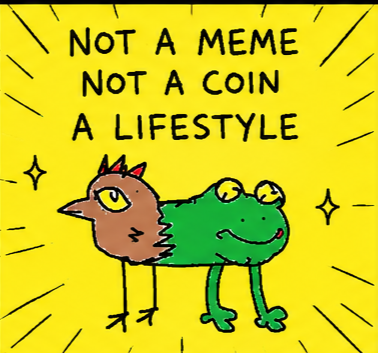 A cartoon illustration with yellow background showing a creature combining a chicken head and frog body, with the text 'NOT A MEME NOT A COIN A LIFESTYLE'.