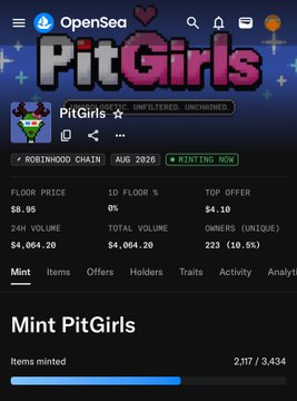 An OpenSea mobile page for 'PitGirls' NFT collection with 'MINTING NOW' status, a $8.95 floor price, and 2,317 of 3,434 items minted.