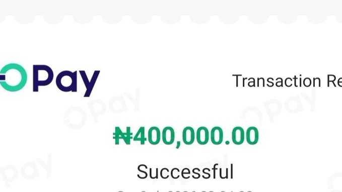 OPay transaction receipt showing a successful transfer of ₦400,000.00.