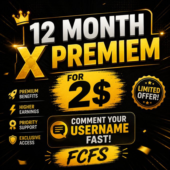 Promotional graphic advertising '12 Month X Premium for 2$' as a limited FCFS (first come, first served) offer, highlighting premium benefits, higher earnings, priority support, and exclusive access.