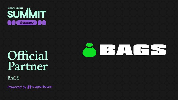 The image features a promotional poster for the @Bags app that announces its partnership with the @Solana Summit Germany, scheduled to take place from June 13th-16th at a trade show. The event will include presentations and activities related to the app's core functions such as launch, trade, earn, and discover new products or services in the bags market. The company's logo is displayed prominently on the poster, along with some text about the partnership that reads "Official Partner" and "Bags powered by @Superteam".