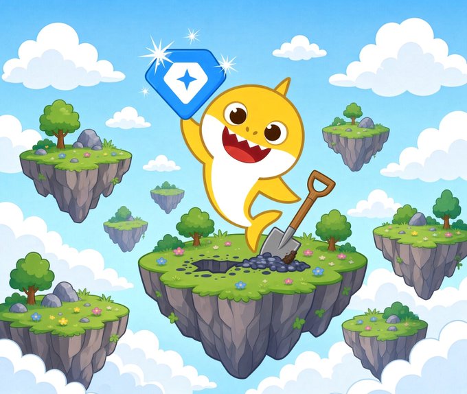 A colorful cartoon illustration of Baby Shark holding a blue cryptocurrency coin above a floating grassy island with a shovel, surrounded by other floating islands with trees in a cloudy sky setting.