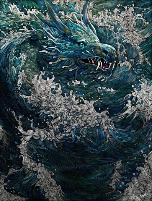 A vibrant stylized illustration depicts a fierce blue and teal wolf or dragon-like creature with bared fangs emerging from swirling ocean waves.