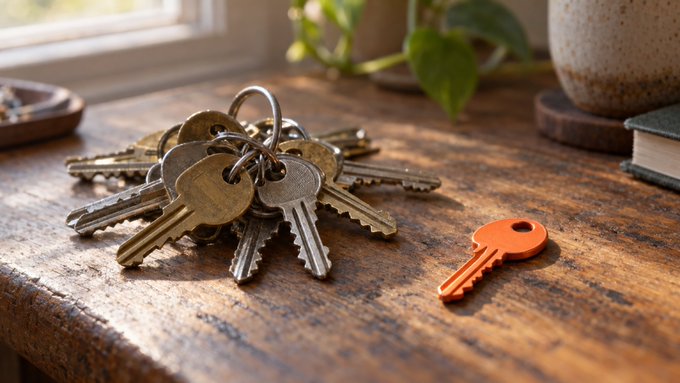 A cluster of vintage-style brass and silver keys attached to a keyring, sitting on a wooden table next to a single orange key, with a potted plant and book in the background.
