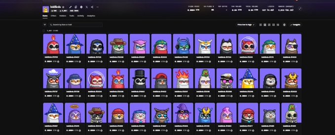 A dark-themed NFT marketplace interface displaying a grid of BadKids collection cartoon owl avatars with various accessories, each showing price information in ETH.