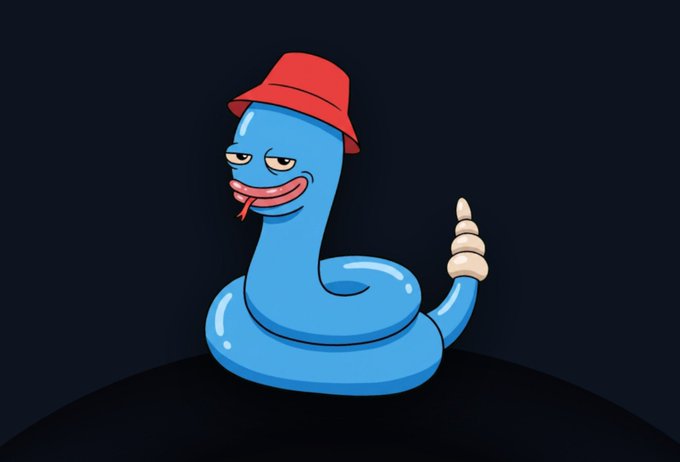 A cartoon illustration of a blue snake wearing a red bucket hat with a smug expression and its tongue out, giving a thumbs-up gesture.