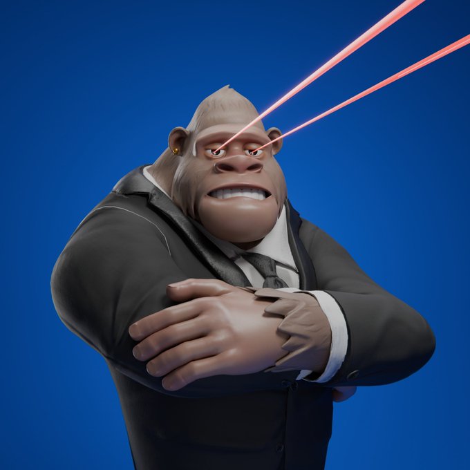 A 3D-rendered gorilla in a black suit with arms crossed, emitting red laser beams from its eyes against a solid blue background.