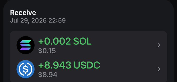 A cryptocurrency wallet notification showing a receive transaction on Jul 29, 2026 22:59, crediting +0.002 SOL ($0.15) and +8.943 USDC ($8.94) to the account. The image supports the post's message by visually confirming the successful drop/transfer of these funds, aligning with the user's request to "keep sending" via MoonPay.