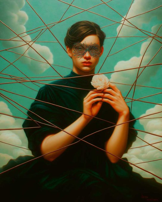 The image features a painting of a woman holding a rose with her hands. The painting has a blue mask covering one eye, giving the impression that she is wearing a unique costume or mask while holding the rose. The background of the painting consists of clouds against a blue sky, creating an artistic and dreamy atmosphere. The post includes text about the leaderboard and mentions "Good night web3 legend".