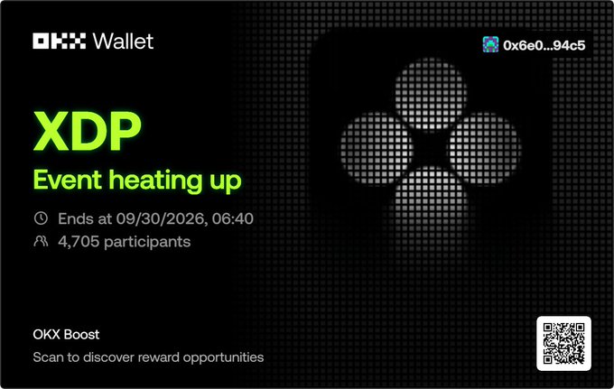 An OKX Wallet promotional graphic for an 'XDP Event heating up' ending at 09/30/2026, 06:40, showing 4,705 participants and a QR code labeled 'OKX Boost'.