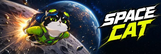 An adorable cat astronaut floats through space with Earth and the moon in the background, wearing a green space suit and goggles, alongside the bold "SPACE CAT" logo—perfectly matching the newly added banner image for the Robinhood token $SPC on Moby.