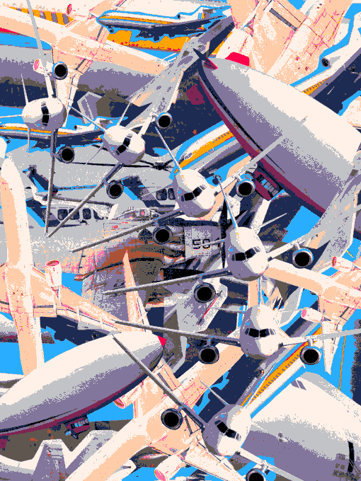 A chaotic digital illustration featuring multiple overlapping white commercial airplanes against a bright blue sky with pink and orange accents.