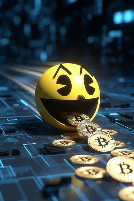 A glowing Pac-Man-style smiley face sits atop a circuit board trail of Bitcoin (₿) coins, visually echoing the post's reference to long-term #Bitcoin holders—portraying them as happily "devouring" or accumulating BTC despite the market.