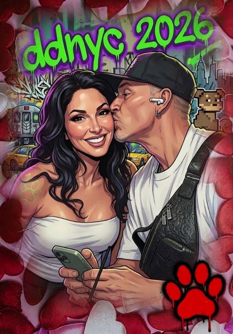 An AI-generated illustration depicting a couple in a New York City setting, framed by red roses and graffiti-style green text reading "ddnyc 2026," with a red dripping paw print logo in the corner.