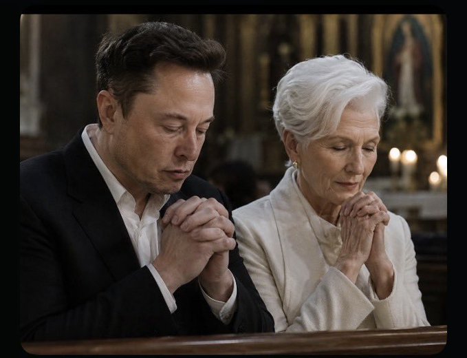 An AI-generated or edited image showing Elon Musk and an older white-haired woman sitting together in a church pew with hands clasped in prayer.