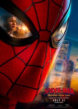 A close-up of Spider-Man's mask reflecting a city skyline with a woman's face visible in the lens, alongside promotional text for "Spider-Man: Brand New Day" releasing July 31 at the NYJSM Cinema, tying into the post about its anticipated massive box office debut projection on Polymarket.