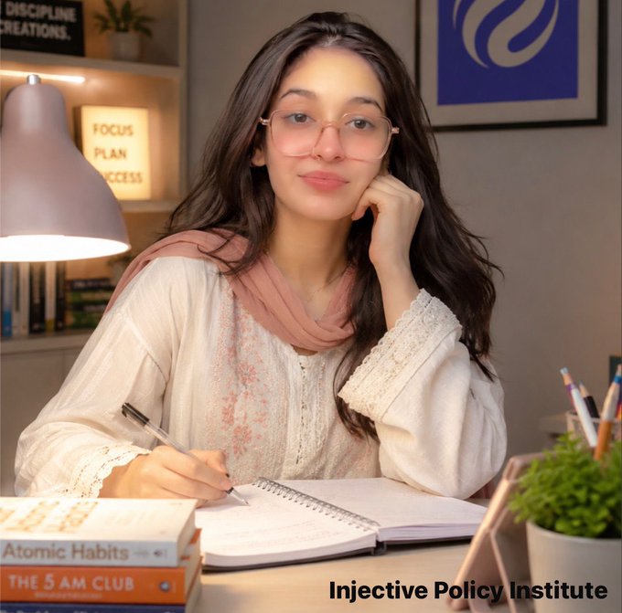 The image features a woman sitting at a desk, writing something down with a pen and notebook. The text "Injective Policy Institute" can be seen in the image, which suggests that she might be working for an organization related to policy or finance. The presence of books on the desk further supports this idea. The image also includes a potted plant near her workspace, adding a touch of greenery and life to the scene.