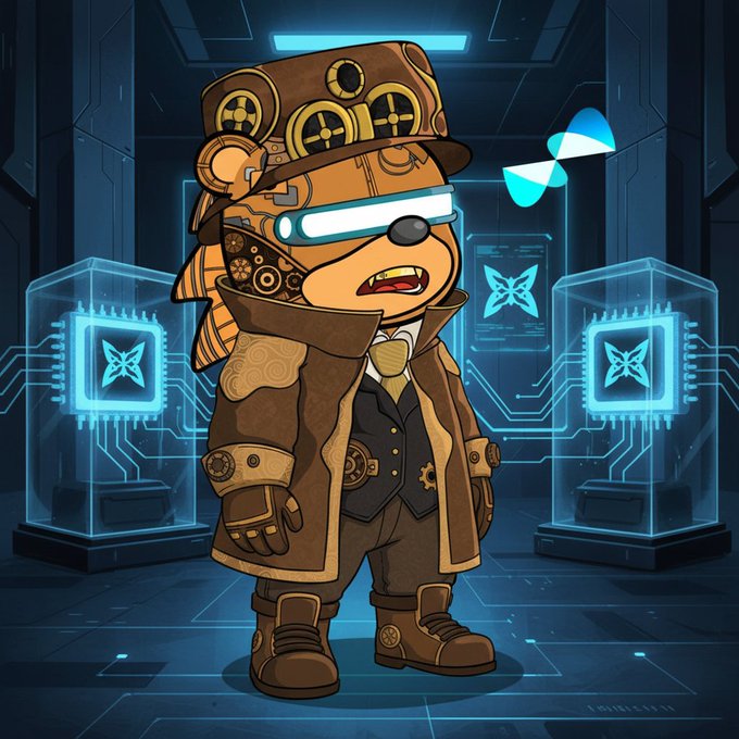 A steampunk-style bear character wearing a gear-adorned top hat and cyberpunk goggles stands in a futuristic server room flanked by glowing blue display cases featuring butterfly logos. The image visually represents the post-quantum, hybrid quantum-classical computing theme referenced in the post about $QUIP network's proof-of-useful-work mining and security features.