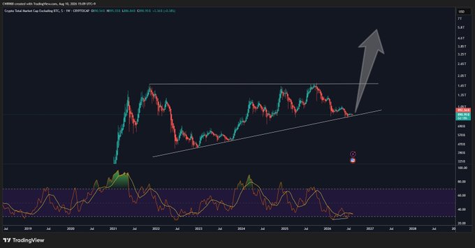 A TradingView weekly chart of CRYPTO total market cap excluding BTC ($TOTAL2) displays a long-term ascending triangle pattern with price consolidating near the rising trendline support around $1.264T, while an RSI indicator at the bottom shows a bullish golden cross forming as the RSI line crosses above its moving average. A large gray arrow points upward, visually emphasizing the projected altcoin rally as the breakout approaches.
