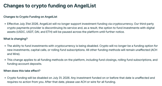 An announcement titled "Changes to crypto funding on AngelList" stating that effective July 31, 2026, AngelList will discontinue cryptocurrency (USDC, USDT, DAL, ETH) funding support.