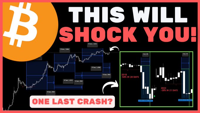 A YouTube-style thumbnail with a Bitcoin logo and bold text reading 'THIS WILL SHOCK YOU!' and 'ONE LAST CRASH?' alongside trading charts showing historical -50% and -28% declines.