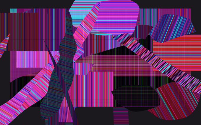 A digital art piece titled "INVISIBLE DIVISIONS" by Robness, featuring bold abstract geometric shapes in vibrant pinks, purples, and blues with striped patterns against a black background, displayed in relation to its NFT listing being purchased ("swept") on OpenSea.