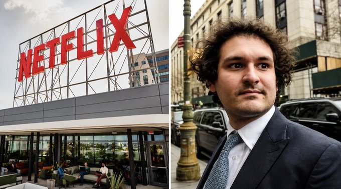 The image shows a side-by-side composite featuring the Netflix logo on a building on the left and a man in a suit (identified as Sam Bankman-Fried, founder of FTX) on the right. The juxtaposition highlights the ironic connection between the Netflix premiere of FTX documentary "Bitcoins Biggest Villain" and the $FTT token mentioned in the post, suggesting it's a poor trade given the negative association with Sam Bankman-Fried and the collapsed exchange.