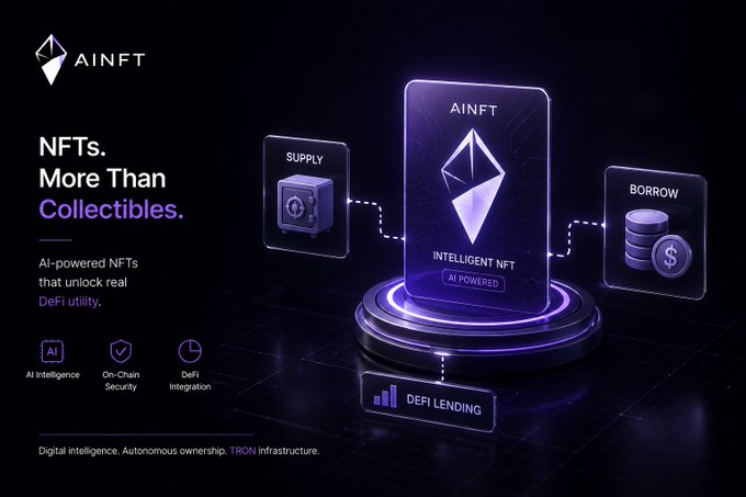 An advertisement for AINFT displays "NFTs. More Than Collectibles." and highlights features like AI Intelligence, On-Chain Security, and DeFi Integration, with a visual showing a Supply, Intelligent NFT, Borrow, and DeFi Lending ecosystem.