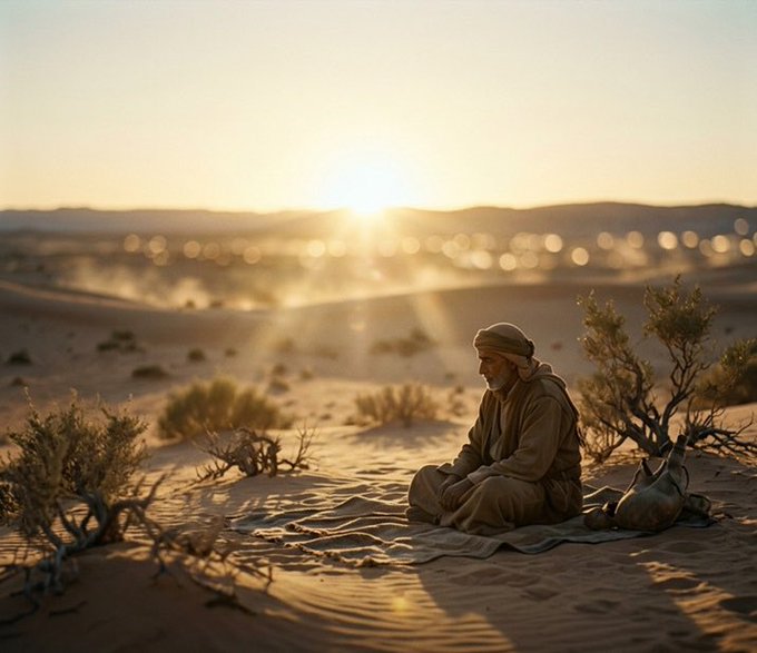 A contemplative desert scene at sunset featuring a robed figure sitting on a blanket among sand dunes and sparse vegetation, with a vessel nearby.
