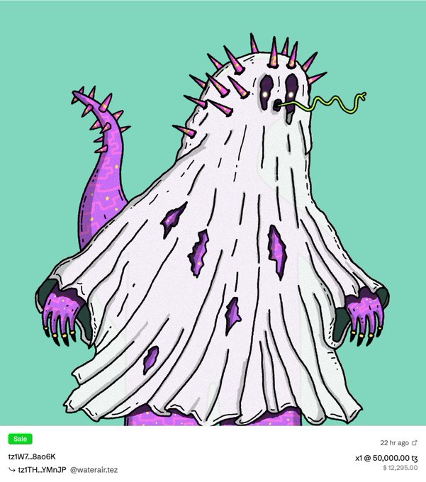 The image features a cartoon illustration of a ghost dressed as a white sheet with purple spots, standing against a blue background. The ghost has long horns and is holding a green object in its mouth. The caption for the image reads "Focus on what is in the image and how it relates to the post".