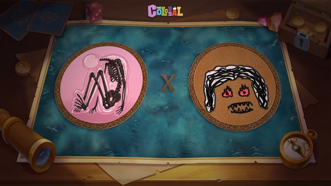 The image features a cartoon character drawing of two people sitting at a table with a blue background. The characters are depicted as a skeleton and a monster, both facing each other. There's also a book visible on the table. The caption reads "Collaboration Announcement. We've officially partnered with @thedumbois, Our Discord members will have the opportunity to secure exclusive spots."