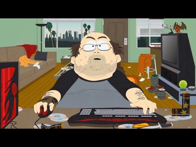 A disheveled, overweight man with glasses sits at a cluttered computer desk in a messy living room, surrounded by empty cans, CDs, and gaming paraphernalia, staring intensely at his screen.

The image humorously captures the obsessive, unhealthy "degen" lifestyle of a crypto trader glued to his monitor 24/7, desperately searching for the next moonshot, as referenced by the post about finding a "100x chat."