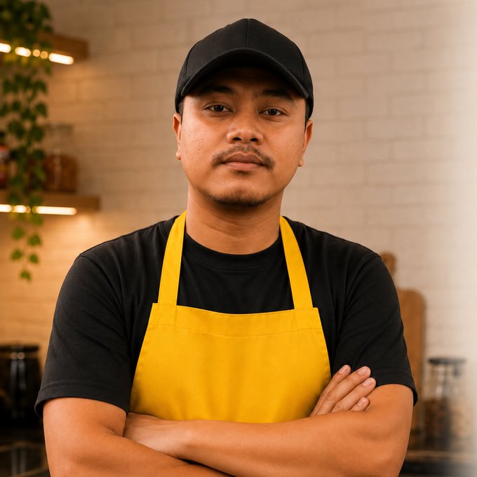 The image features a man wearing an apron, standing against a white brick wall with his arms crossed over his chest. He has a serious expression as he looks directly at the camera. The background includes potted plants that add some greenery to the scene. There is also text in the image that reads "My small business accepts Dogecoin as a payment method because I believe it will be a much-needed internet currency in the future." This suggests that the man might be involved in an online business or has a passion for cryptocurrency, and he wants to accept Dogecoin as a form of payment.