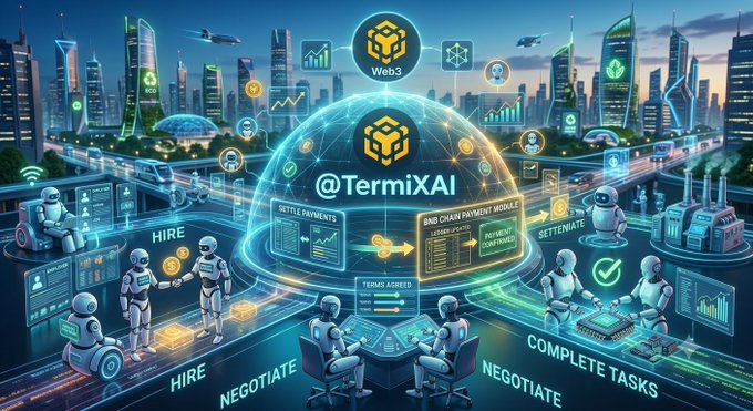 Futuristic Web3-themed digital illustration showing robots and humanoid figures interacting around a central dome labeled "@TermiXAI" with "Web3" branding, depicting processes such as Settle Payments, Hire, Negotiate, and Complete Tasks in a neon-lit smart city setting.