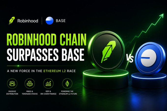 A promotional graphic titled 'ROBINHOOD CHAIN SURPASSES BASE' with 'A NEW FORCE IN THE ETHEREUM L2 RACE' and logos for Robinhood and Base, alongside feature icons.