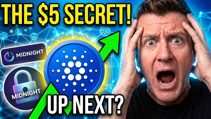 A shocked man is pictured alongside bold yellow and white text reading "THE $5 SECRET!" and "UP NEXT?", with the Cardano ADA logo and a Midnight sidechain badge displayed prominently. The thumbnail visually ties to the post's claim about Cardano ADA needing a private sidechain to reach $5, using the man's exaggerated expression to emphasize urgency.