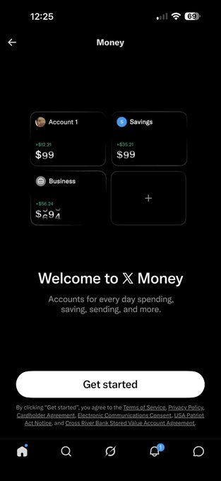 A 'Money' dashboard screen showing account balances: Account 1 with $99 (+$0.21), Savings with $99 (+$0.21), and Business with $29 (+$0.24), with a 'Welcome to X Money' message and a 'Get started' button.