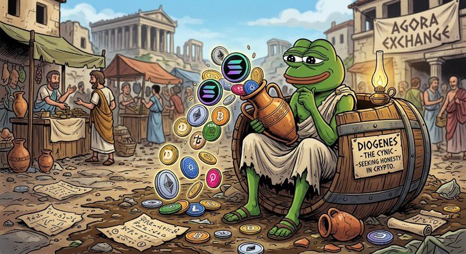 A cartoon illustration of a frog in ancient Greek attire sitting on a barrel labeled "DIOGENES - THE CYNIC - SEEKING HONESTY IN KRYPTO" amid scattered coins, with an "AGORA EXCHANGE" banner in the background.