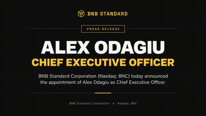 A press release from 'BNB STANDARD' (Nasdaq: BNC) announces the appointment of Alex Odagiu as Chief Executive Officer.