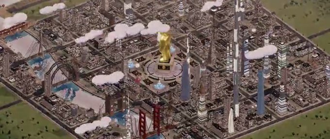 An isometric view of a futuristic or fantasy city featuring numerous skyscrapers, a golden statue in the center plaza, red bridge structures resembling the Golden Gate Bridge, and floating clouds.