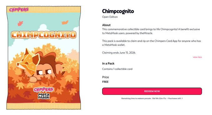 The image shows a screenshot of a website displaying a product called "Chimpcognito". It features an advertisement for a limited edition free pack of Chimpcognito chips. The background of the image is dark, making the bright and colorful packaging stand out. A small logo can be seen in the bottom right corner of the screen. The text on the screen reads: "CHIMPCOGNITO Premium Edition", "MetaMask x Chimpcognito Pack" and "Chimpcognito". The website also provides a link to claim a free pack from their mobile app, or direct from the post where the product is being advertised.