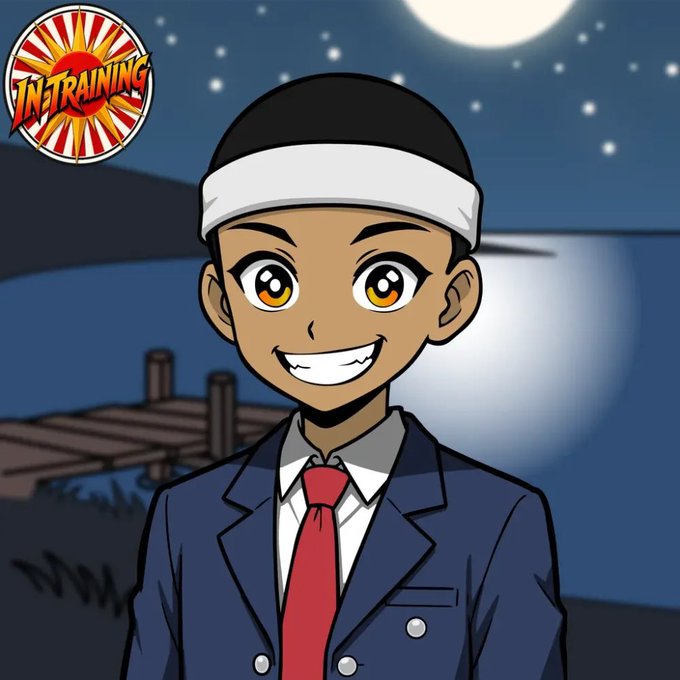An animated character illustration of a smiling person in a blue suit and red tie, with an "In Training" emblem in the upper left corner against a nighttime background.