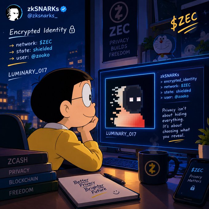The image shows an anime-style character (resembling Nobita from Doraemon) sitting at a desk, viewing a pixelated "LUMINARY_017" avatar on a computer monitor with the quote "Privacy isn't about hiding everything. It's about choosing what you reveal." Surrounding elements include a $ZEC mug, a phone displaying "$ZEC Privacy Matters," a notebook reading "Better Privacy Brighter Future," and books titled "ZCASH," "PRIVACY," "BLOCKCHAIN," and "FREEDOM," along with a "ZEC PRIVACY BUILDS FREEDOM" poster—visually reinforcing the post's theme that $ZEC (Zcash) and zkSNARKs empower users to selectively control their encrypted identity on a shielded network.
