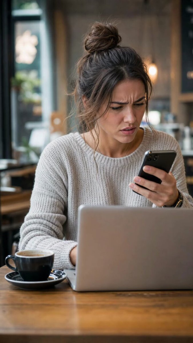 The image shows a woman sitting at a table with her laptop open, looking at her phone while using her laptop. She appears to be tired or bored as she checks her phone for updates. The background of the image features a dining table along with various items such as cups and a bowl placed on it. There is also an advertisement related to trading platforms like Solana that might be relevant to the woman's interests, but it does not seem to be directly connected to the main scene in the image.